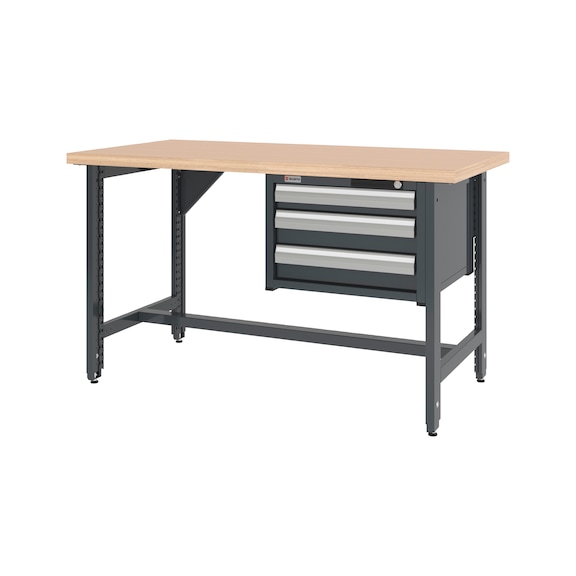 System workbench 1500&nbsp;mm with 2 height-adjustable workbench feet and drawer wall-mounted cabinet 8.6 - WRKBNCH-ADJ-2LEG-CAB-3DRWR-1500-RAL7016