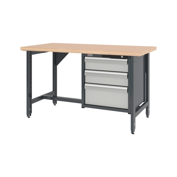 System workbench 1500&nbsp;mm with 2 height-adjustable workbench feet and drawer wall-mounted cabinet 8.6 - WRKBNCH-ADJ-2LEG-CAB-3DRWR-1500-RAL7035