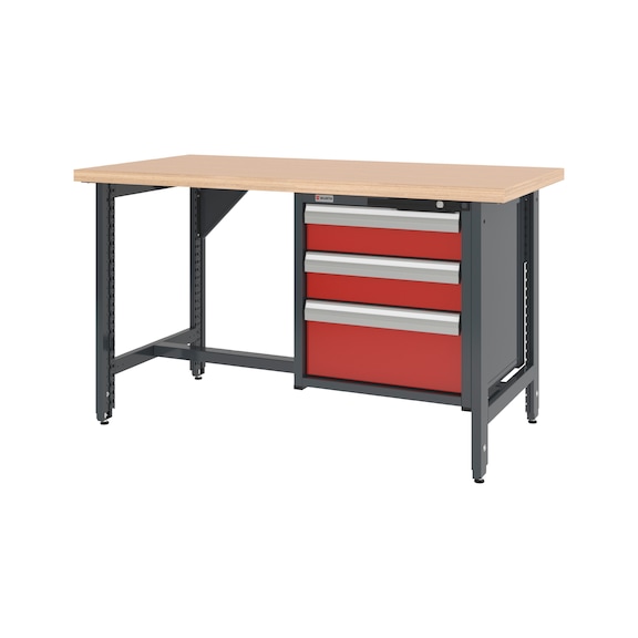 System workbench 1500&nbsp;mm with 2 height-adjustable workbench feet and drawer wall-mounted cabinet 8.6 - WRKBNCH-ADJ-2LEG-CAB-3DRWR-1500-RAL3020