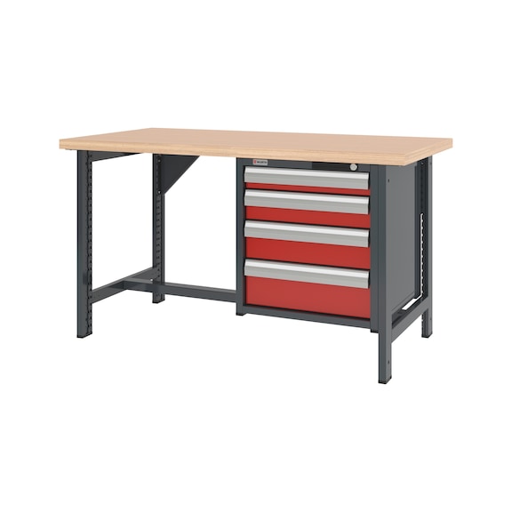 Système d'établi 1 500 mm avec 2 pieds fixes et armoire murale à tiroirs 8.6 - WRKBNCH-2LEG-CAB-4DRWR-1500-H835-R3020