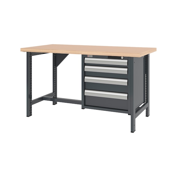 System-Werkbank 1500 mm mit 2 fixen Werkbankf&uuml;&szlig;en und Schubladen-H&auml;ngeschrank 8.6 - WRKBANK-2FU-SHRNK-4SL-1500-H835-R7016