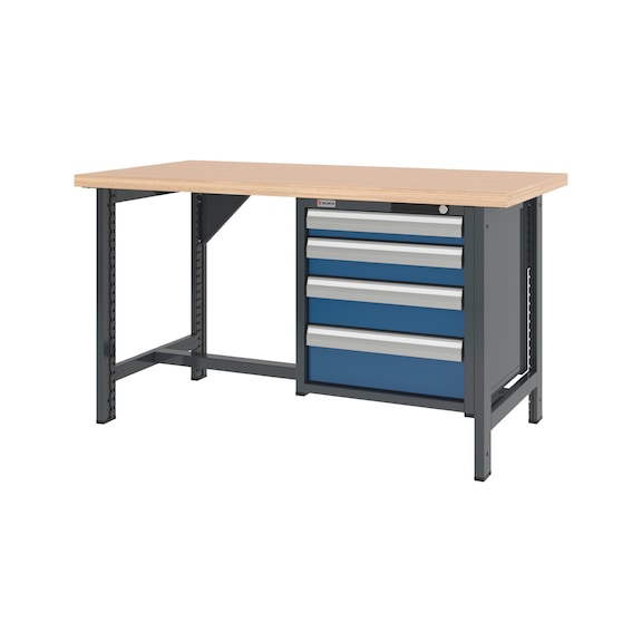 System-Werkbank 1500 mm mit 2 fixen Werkbankf&uuml;&szlig;en und Schubladen-H&auml;ngeschrank 8.6 - WRKBANK-2FU-SHRNK-4SL-1500-H835-R5010