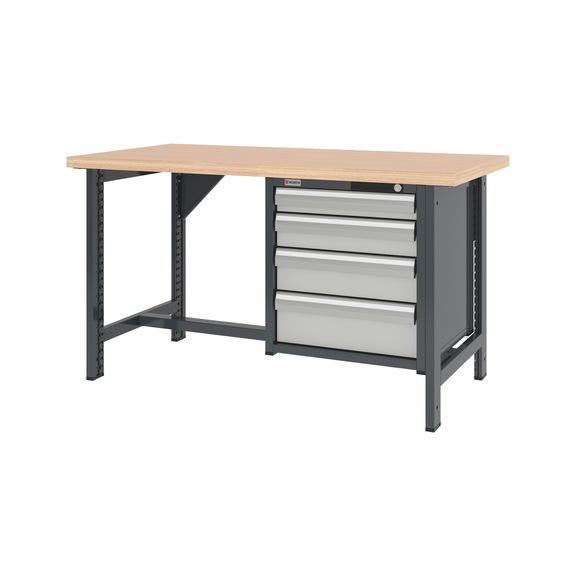 System-Werkbank 1500 mm mit 2 fixen Werkbankf&uuml;&szlig;en und Schubladen-H&auml;ngeschrank 8.6 - WRKBANK-2FU-SHRNK-4SL-1500-H835-R7035