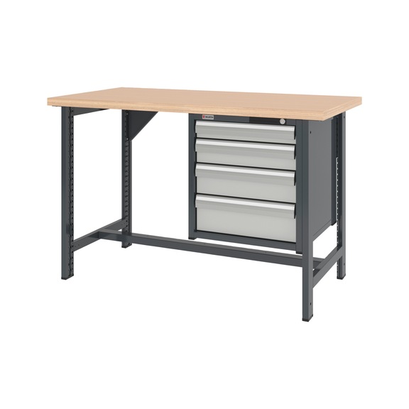 System-Werkbank 1500 mm mit 2 fixen Werkbankf&uuml;&szlig;en und Schubladen-H&auml;ngeschrank 8.6 - WRKBANK-2FU-SHRNK-4SL-1500-H955-R7035