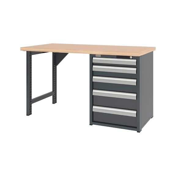 Syst&egrave;me d'&eacute;tabli 1 500 mm avec 1 pied et caisson d'&eacute;tabli &agrave; tiroirs 8.6 - WRKBNCH-1LEG-CAB-5DRWR-1500-H835-RAL7016