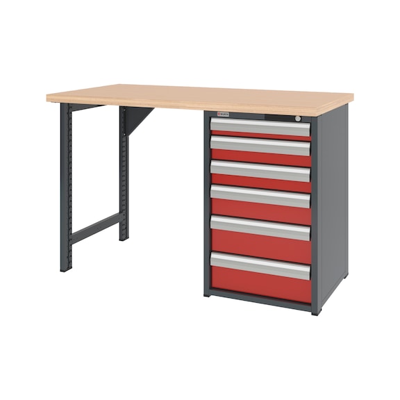 System-Werkbank 1500 mm mit 1 Werkbankfu&szlig; und Schubladen-Unterbauschrank 8.6 - WRKBANK-1FU-SHRNK-6SL-1500-H955-RAL3020