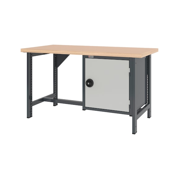 System workbench 1500&nbsp;mm with 2 fixed workbench feet and hinged door wall-mounted cabinet 8.6 - WRKBNCH-2LEG-WNGDRCAB-1500-H835-R7035