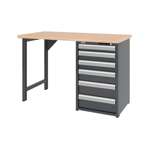 System workbench 1500&nbsp;mm with 1 workbench foot and drawer undercounter cabinet 8.6 - WRKBNCH-1LEG-CAB-6DRWR-1500-H955-RAL7016