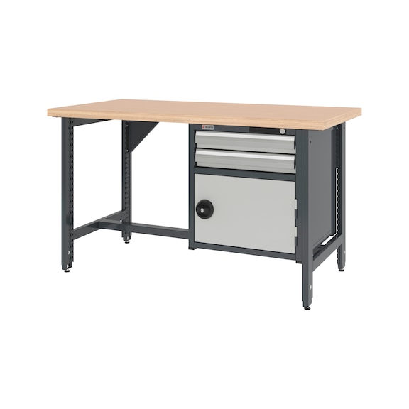 System workbench 1500&nbsp;mm with 2 height-adjustable workbench feet and combination wall-mounted cabinet 8.6 - WRKBNCH-ADJ-2LEG-COMBICAB-1500-RAL7035
