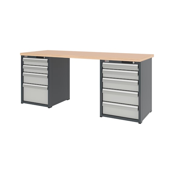 System-Werkbank 2000 mm mit 2 Schubladen-Unterbauschr&auml;nken 8.6 - WRKBANK-2SHRNK-9SL-2000-H835-RAL7035