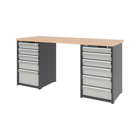 System-Werkbank 2000 mm mit 2 Schubladen-Unterbauschränken 8.6 - WRKBANK-2SHRNK-11SL-2000-H955-RAL7035