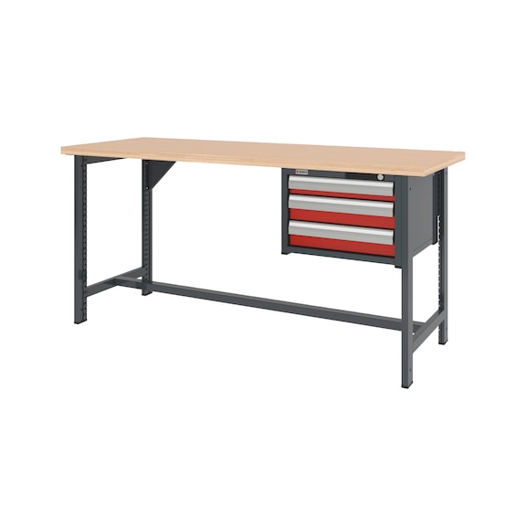System-Werkbank 2000 mm mit 2 fixen Werkbankfüßen und Schubladen-Hängeschrank 8.6 - WRKBANK-2FU-SHRNK-3SL-2000-H955-R3020