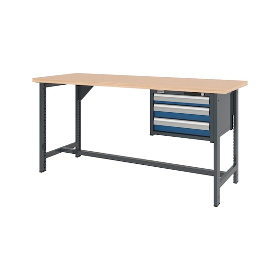 System-Werkbank 2000 mm mit 2 fixen Werkbankf&uuml;&szlig;en und Schubladen-H&auml;ngeschrank 8.6 - WRKBANK-2FU-SHRNK-3SL-2000-H955-R5010
