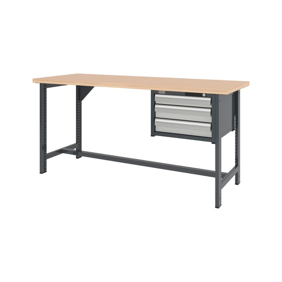 System-Werkbank 2000 mm mit 2 fixen Werkbankf&uuml;&szlig;en und Schubladen-H&auml;ngeschrank 8.6 - WRKBANK-2FU-SHRNK-3SL-2000-H955-R7035