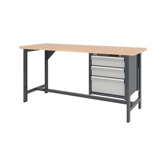 System-Werkbank 2000 mm mit 2 fixen Werkbankf&uuml;&szlig;en und Schubladen-H&auml;ngeschrank 8.6 - WRKBANK-2FU-SHRNK-3SL-2000-H955-R7035