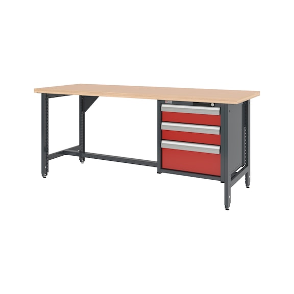 System-Werkbank 2000 mm mit 2 h&ouml;henverstellbaren Werkbankf&uuml;&szlig;en und Schubladen-H&auml;ngeschrank 8.6 - WRKBANK-EINSTL-2FU-SHRNK-3SL-2000-R3020