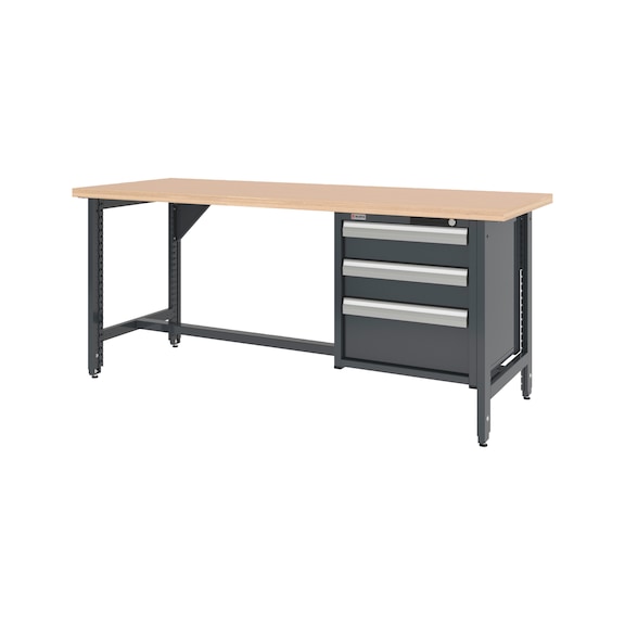System-Werkbank 2000 mm mit 2 h&ouml;henverstellbaren Werkbankf&uuml;&szlig;en und Schubladen-H&auml;ngeschrank 8.6 - WRKBANK-EINSTL-2FU-SHRNK-3SL-2000-R7016