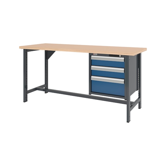 System-Werkbank 2000 mm mit 2 fixen Werkbankf&uuml;&szlig;en und Schubladen-H&auml;ngeschrank 8.6 - WRKBANK-2FU-SHRNK-3SL-2000-H955-R5010