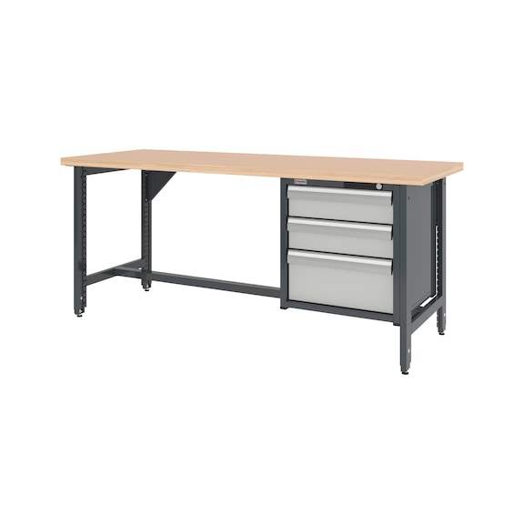 System workbench 2000&nbsp;mm with 2 height-adjustable workbench feet and drawer wall-mounted cabinet 8.6 - WRKBNCH-ADJ-2LEG-CAB-3DRWR-2000-RAL7035
