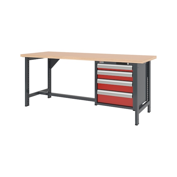 System-Werkbank 2000 mm mit 2 fixen Werkbankf&uuml;&szlig;en und Schubladen-H&auml;ngeschrank 8.6 - WRKBANK-2FU-SHRNK-4SL-2000-H835-R3020