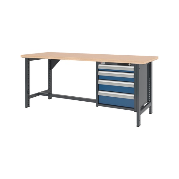 System-Werkbank 2000 mm mit 2 fixen Werkbankf&uuml;&szlig;en und Schubladen-H&auml;ngeschrank 8.6 - WRKBANK-2FU-SHRNK-4SL-2000-H835-R5010