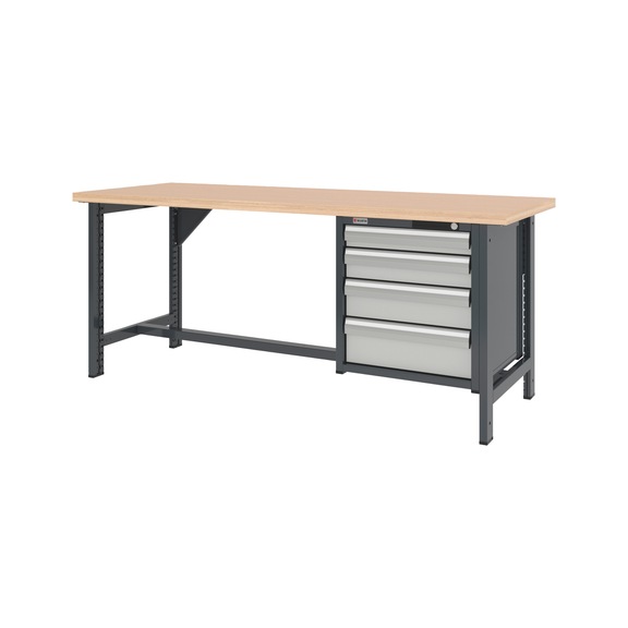System workbench 2000&nbsp;mm with 2 fixed workbench feet and drawer wall-mounted cabinet 8.6 - WRKBNCH-2LEG-CAB-4DRWR-2000-H835-R7035
