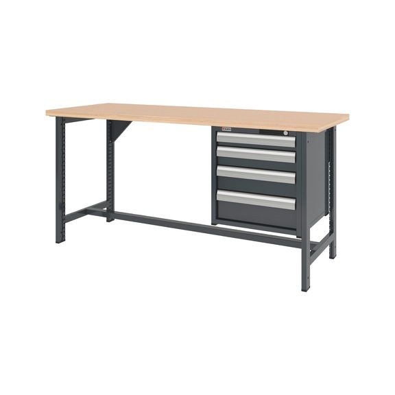 System-Werkbank 2000 mm mit 2 fixen Werkbankf&uuml;&szlig;en und Schubladen-H&auml;ngeschrank 8.6 - WRKBANK-2FU-SHRNK-4SL-2000-H955-R7016