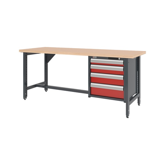 System-Werkbank 2000 mm mit 2 h&ouml;henverstellbaren Werkbankf&uuml;&szlig;en und Schubladen-H&auml;ngeschrank 8.6 - WRKBANK-EINSTL-2FU-SHRNK-4SL-2000-R3020