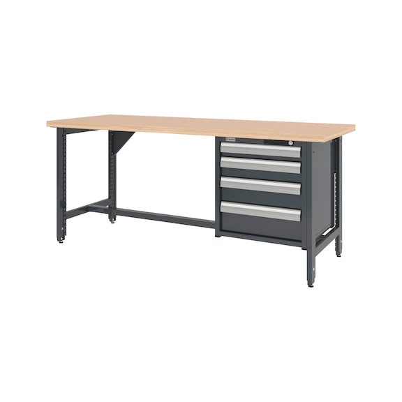 Système d'établi 2 000 mm avec 2 pieds réglables en hauteur et armoire murale à tiroirs 8.6 - WRKBNCH-ADJ-2LEG-CAB-4DRWR-2000-RAL7016