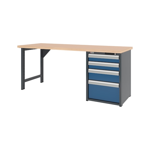 Syst&egrave;me d'&eacute;tabli 2 000 mm avec 1 pied et caisson d'&eacute;tabli &agrave; tiroirs 8.6 - WRKBNCH-1LEG-CAB-4DRWR-2000-H835-RAL5010