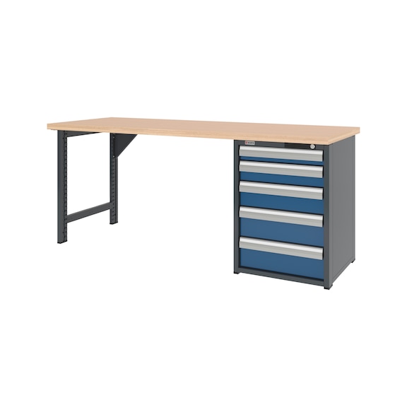 System-Werkbank 2000 mm mit 1 Werkbankfu&szlig; und Schubladen-Unterbauschrank 8.6 - WRKBANK-1FU-SHRNK-5SL-2000-H835-RAL5010