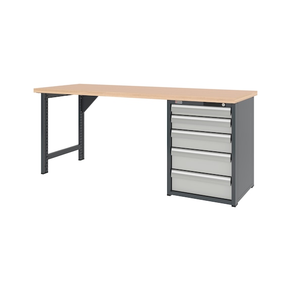 System workbench 2000&nbsp;mm with 1 workbench foot and drawer undercounter cabinet 8.6 - WRKBNCH-1LEG-CAB-5DRWR-2000-H835-RAL7035
