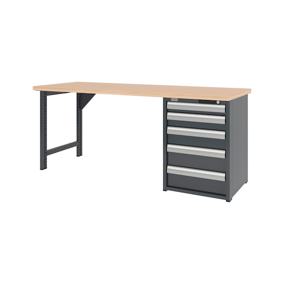 Syst&egrave;me d'&eacute;tabli 2 000 mm avec 1 pied et caisson d'&eacute;tabli &agrave; tiroirs 8.6 - WRKBNCH-1LEG-CAB-5DRWR-2000-H835-RAL7016