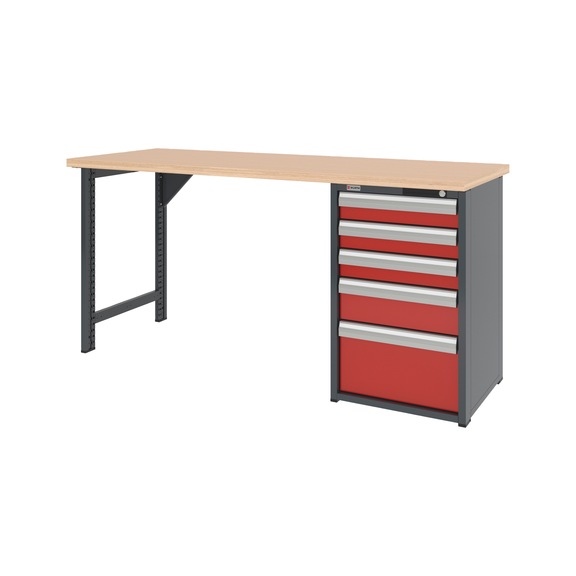 System-Werkbank 2000 mm mit 1 Werkbankfu&szlig; und Schubladen-Unterbauschrank 8.6 - WRKBANK-1FU-SHRNK-5SL-2000-H955-RAL3020