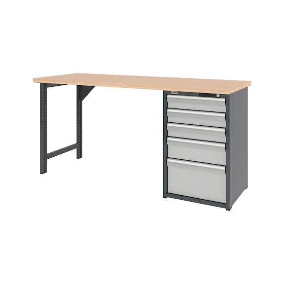 System-Werkbank 2000 mm mit 1 Werkbankfu&szlig; und Schubladen-Unterbauschrank 8.6 - WRKBANK-1FU-SHRNK-5SL-2000-H955-RAL7035