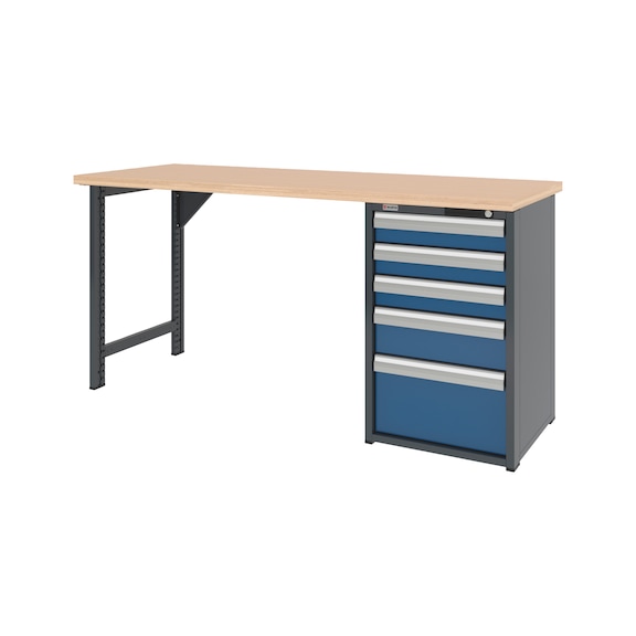 Syst&egrave;me d'&eacute;tabli 2 000 mm avec 1 pied et caisson d'&eacute;tabli &agrave; tiroirs 8.6 - WRKBNCH-1LEG-CAB-5DRWR-2000-H955-RAL5010