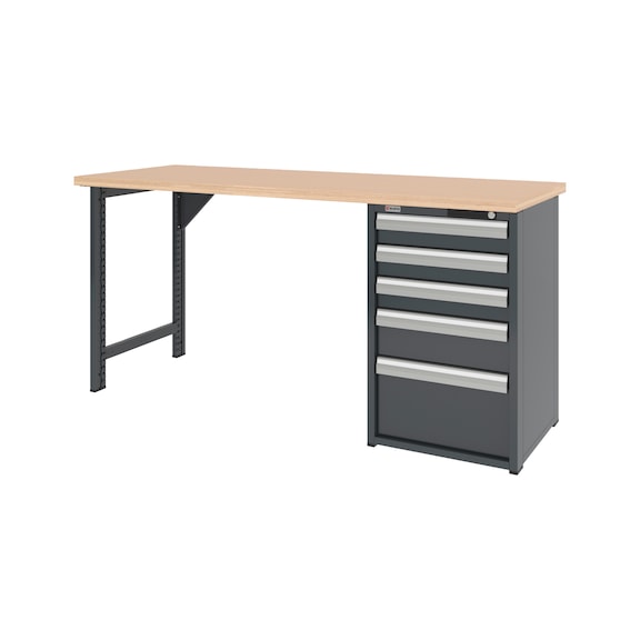 System-Werkbank 2000 mm mit 1 Werkbankfu&szlig; und Schubladen-Unterbauschrank 8.6 - WRKBANK-1FU-SHRNK-5SL-2000-H955-RAL7016