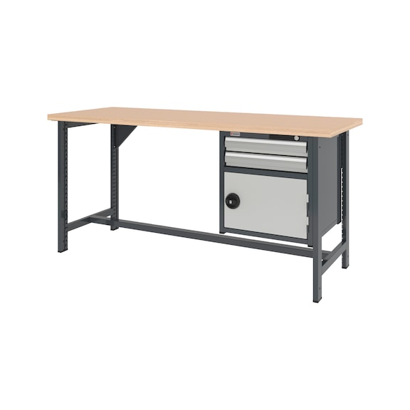 System workbench 2000&nbsp;mm with 2 fixed workbench feet and combination wall-mounted cabinet 8.6 - WRKBNCH-2LEG-COMBICAB-2000-H955-R7035