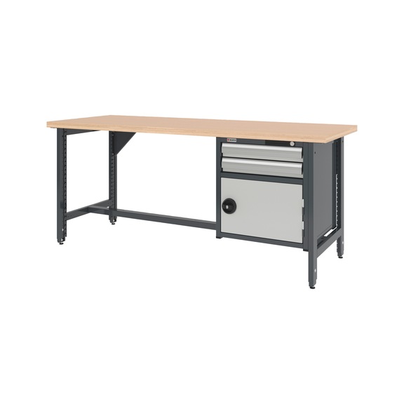 System workbench 2000&nbsp;mm with 2 height-adjustable workbench feet and combination wall-mounted cabinet 8.6 - WRKBNCH-ADJ-2LEG-COMBICAB-2000-RAL7035
