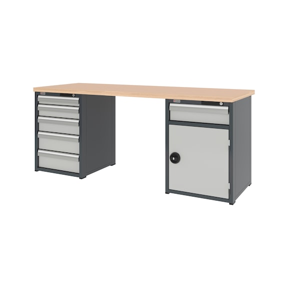 System workbench 2000&nbsp;mm with 1 drawer undercounter cabinet 8.6 and 1 combination undercounter cabinet 8.6 - WRKBNCH-2CAB-6DRWR1WD-2000-H835-RAL7035