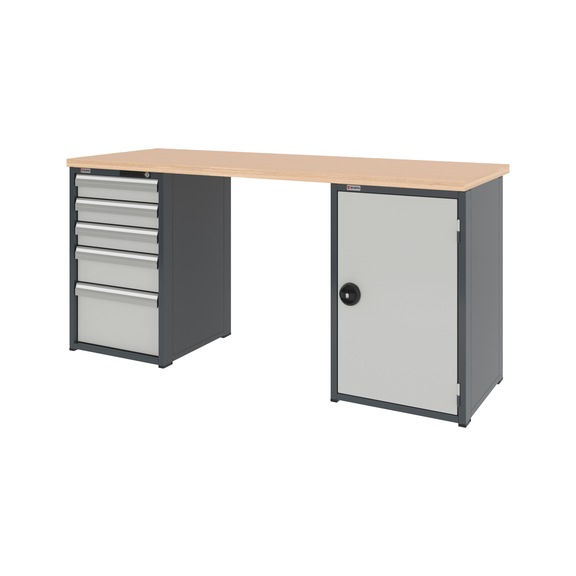 System-Werkbank 2000 mm mit 1 Schubladen-Unterbauschrank 8.6 und 1 Fl&uuml;gelt&uuml;ren-Unterbauschrank 8.6 - WRKBANK-2SHRNK-5SL1FT-2000-H955-RAL7035