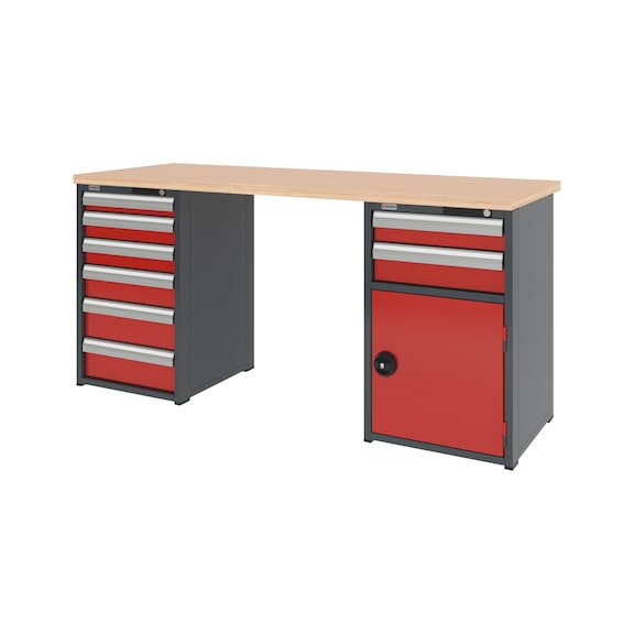 System workbench 2000&nbsp;mm with 1 drawer undercounter cabinet 8.6 and 1 combination undercounter cabinet 8.6 - WRKBNCH-2CAB-8DRWR1WD-2000-H955-RAL3020