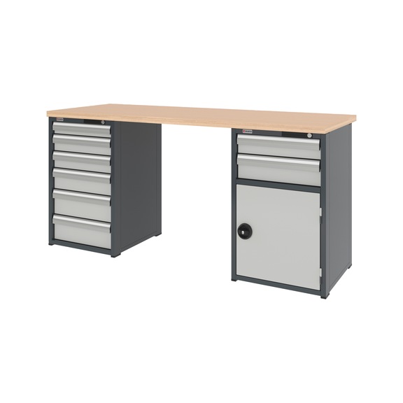 System workbench 2000&nbsp;mm with 1 drawer undercounter cabinet 8.6 and 1 combination undercounter cabinet 8.6 - WRKBNCH-2CAB-8DRWR1WD-2000-H955-RAL7035