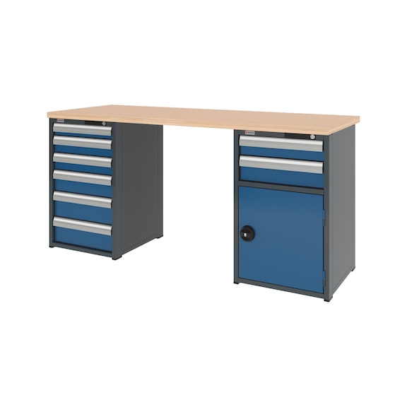 System-Werkbank 2000 mm mit 1 Schubladen-Unterbauschrank 8.6 und 1 Kombi-Unterbauschrank 8.6 - WRKBANK-2SHRNK-8SL1FT-2000-H955-RAL5010