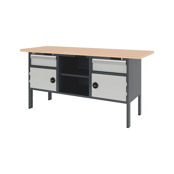 System-Kastenwerkbank 2000 mm mit 3 Unterbaubl&ouml;cken 8.6 - KWB-SYSTEM-2SL-2FLGTR-2000-RAL7035