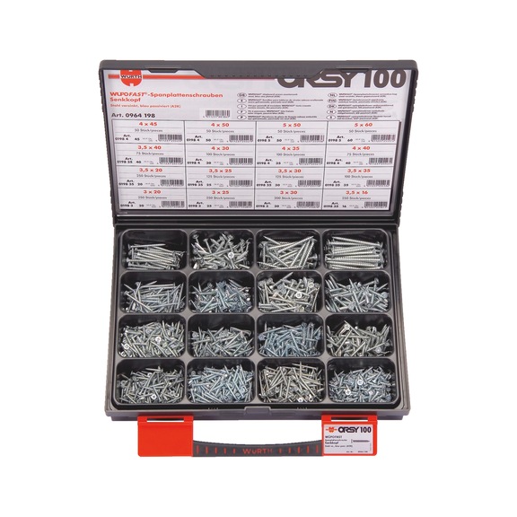 WÜPOFAST<SUP>®</SUP> ORSY<SUP>®</SUP> chipboard screws, countersunk head, assortment of 100  - SCR-SORT-WO-CS-(A2K)-2100PCS