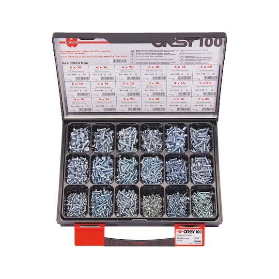 ORSY<SUP>®</SUP>pan head/countersunk head screws, assortment of 100 - BLT-SET-DIN965/7985-(A2K)-1625PCS