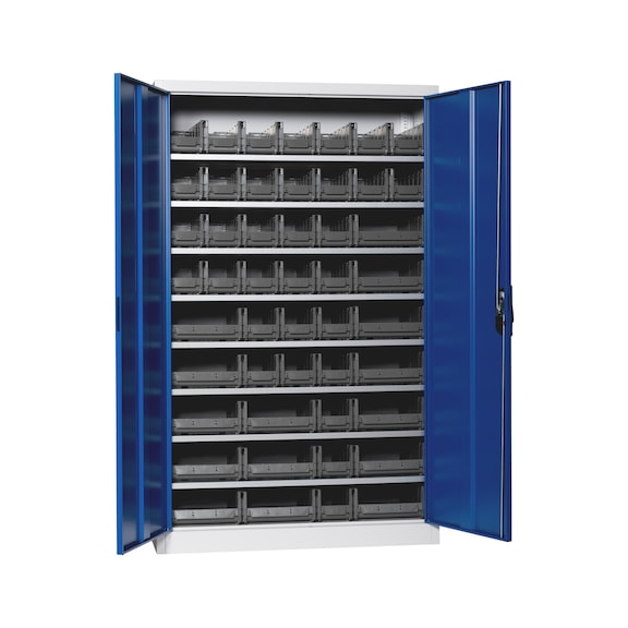 Fl&uuml;gelt&uuml;renschrank Tiefe 500 mm mit System-Lagerboxen W-SLB Gr&ouml;&szlig;e 3 und 4 - FLGTRSHRNK-VOLLBL-SLB-FB523-BOX-RAL5010