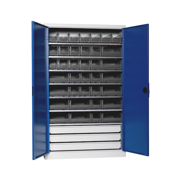 Wing door cabinet, depth 500&nbsp;mm With W-SLB system storage boxes size 3 and 4 - WNGDRCAB-STEEL-SLB-FB523S-BOX-RAL5010