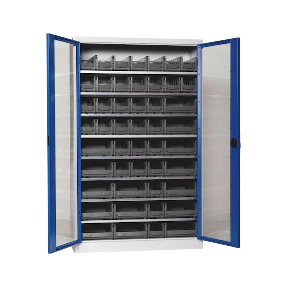 Fl&uuml;gelt&uuml;renschrank Tiefe 500 mm mit Sichtfenstert&uuml;ren und System-Lagerboxen W-SLB Gr&ouml;&szlig;e 3 und 4 - FLGTRSHRNK-SICHTF-SLB-FB521-BOX-RAL5010